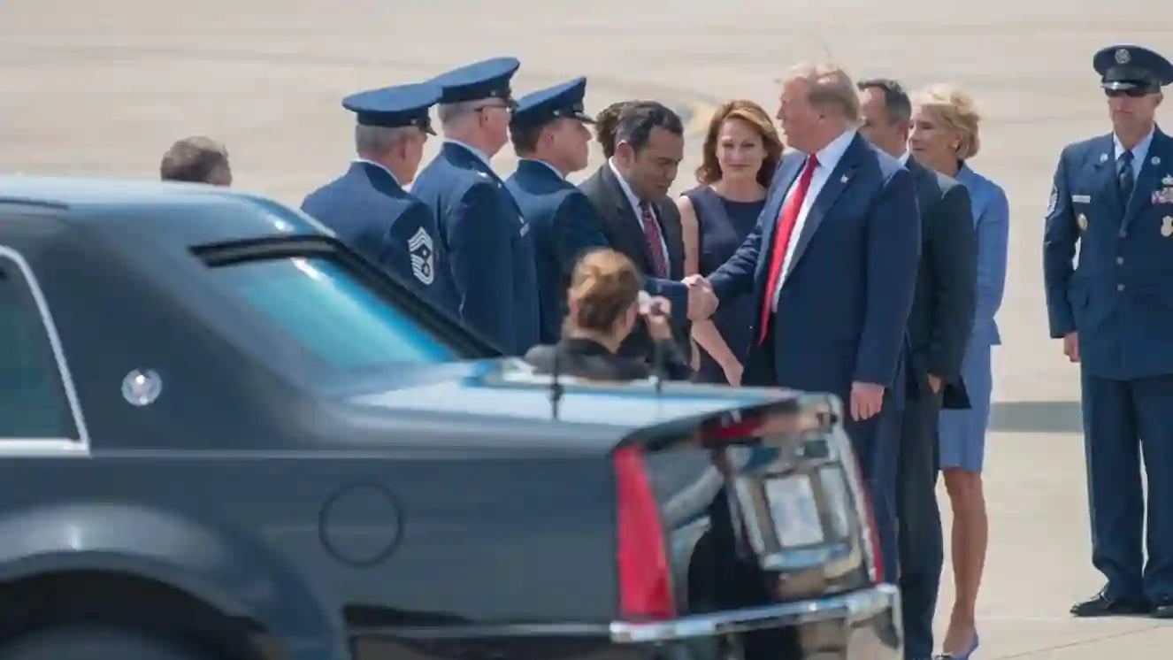 Donald Trump National Guard greets leadership from the Kentucky Air National Guard as he arrives at the 123rd Airlift Wing in Louisville, Ky., Aug. 21, 2019