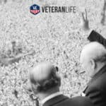 Churchill above a crowd in VE Day
