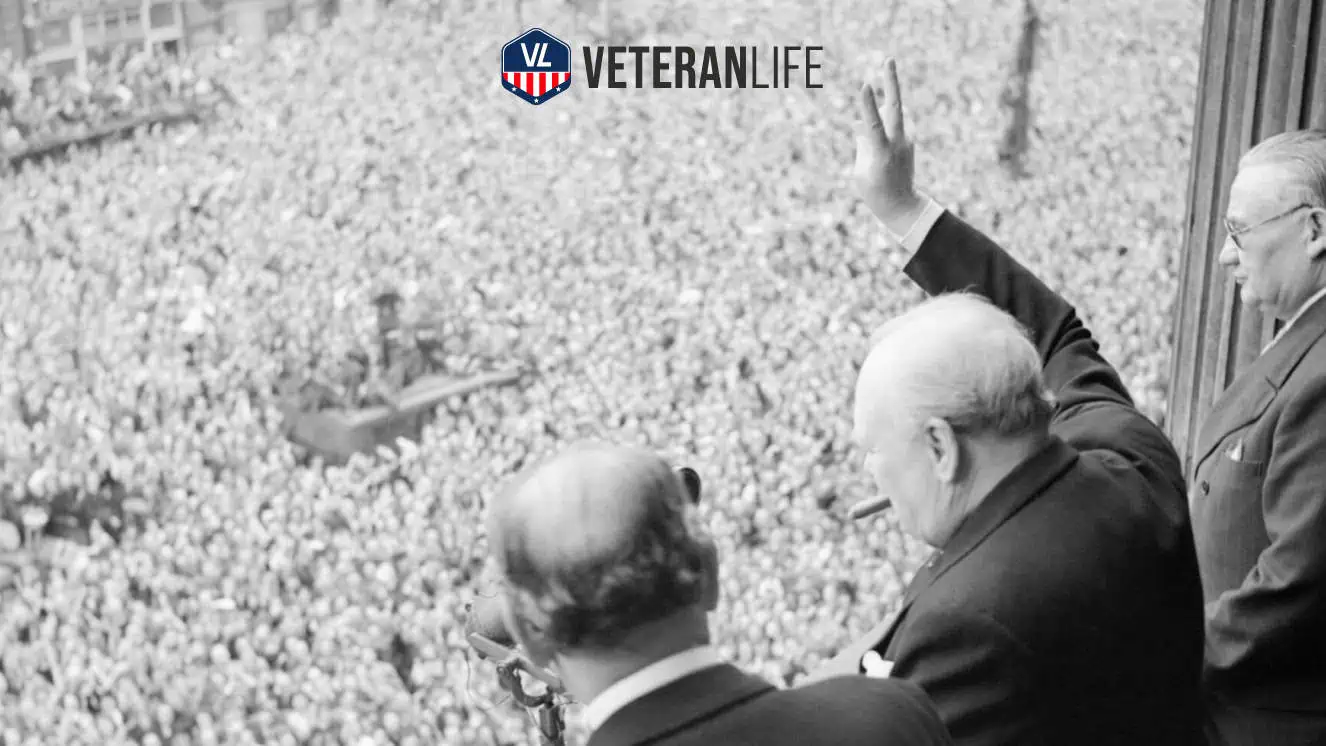 Churchill above a crowd in VE Day