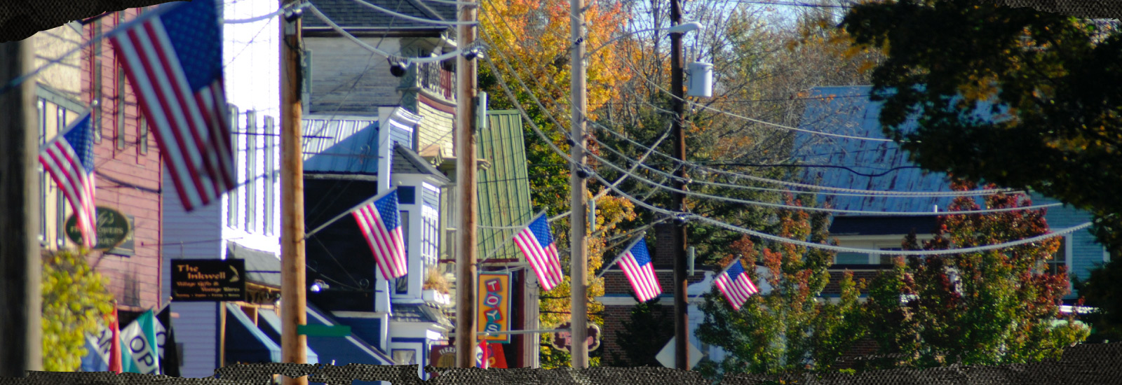 American flags on a street