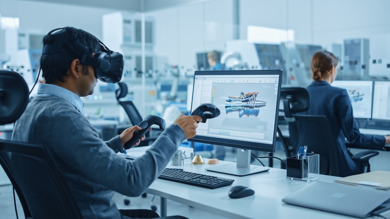 worker using virtual reality headset to design a project