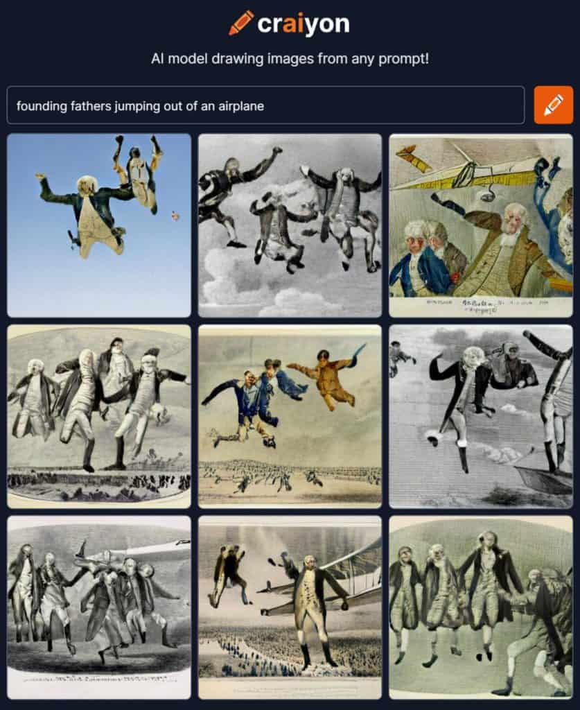 ai generated image of the founding fathers jumping out of an airplane