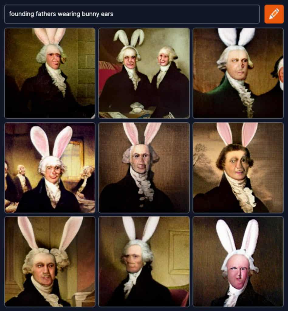 ai generated image of the founding fathers wearing bunny ears