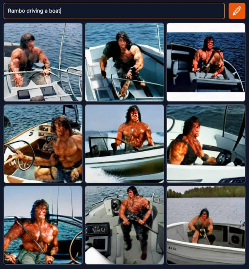 ai generated image of rambo driving a boat