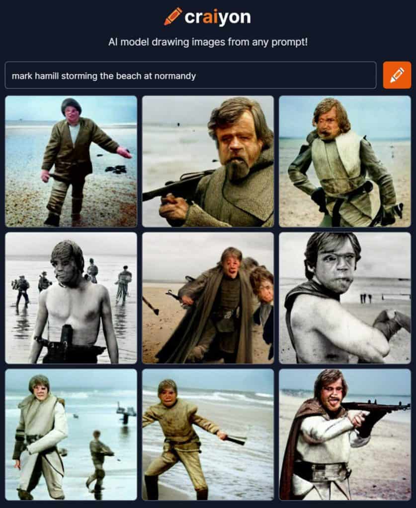 ai generated image of mark hamill storming the beach at normandy