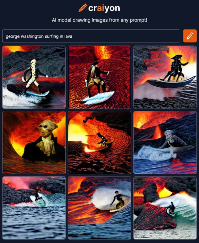 ai generated image of george washington surfing in lava