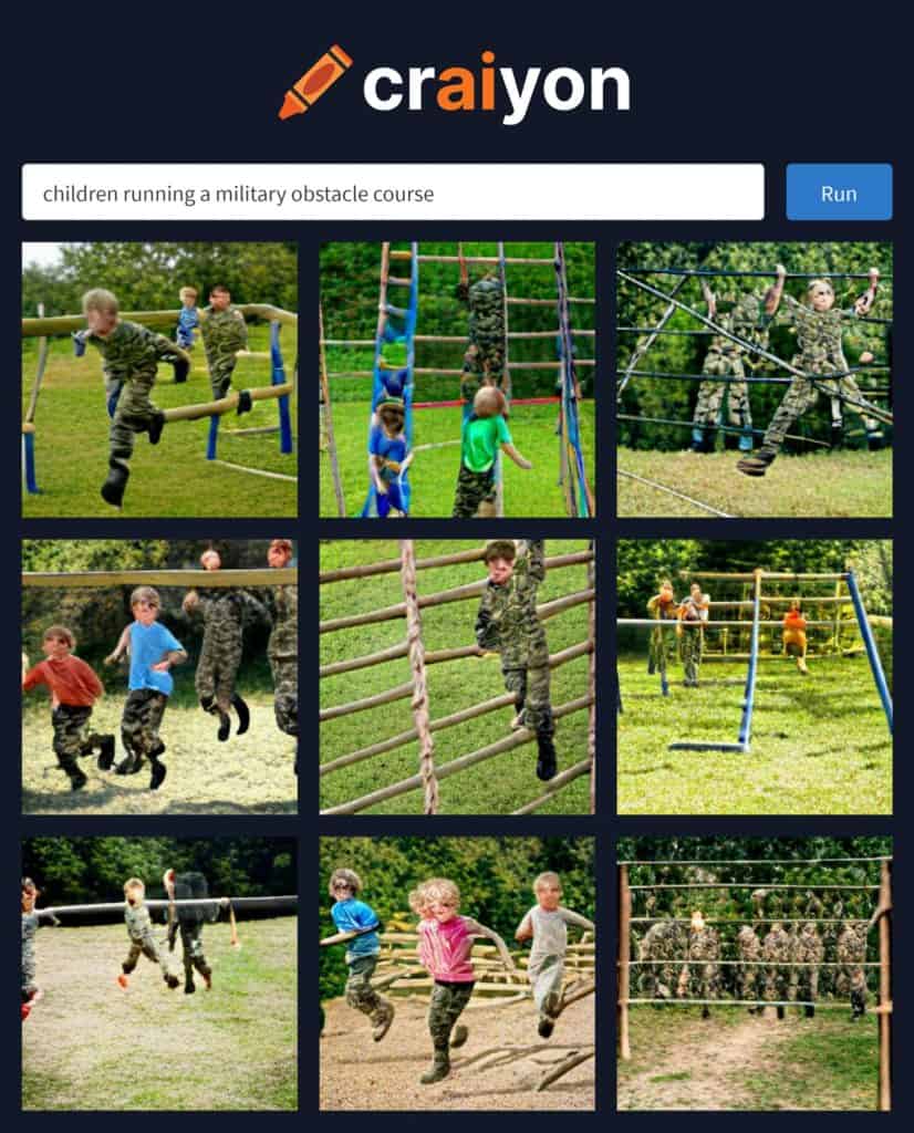 ai generated image of children running a military obstacle course