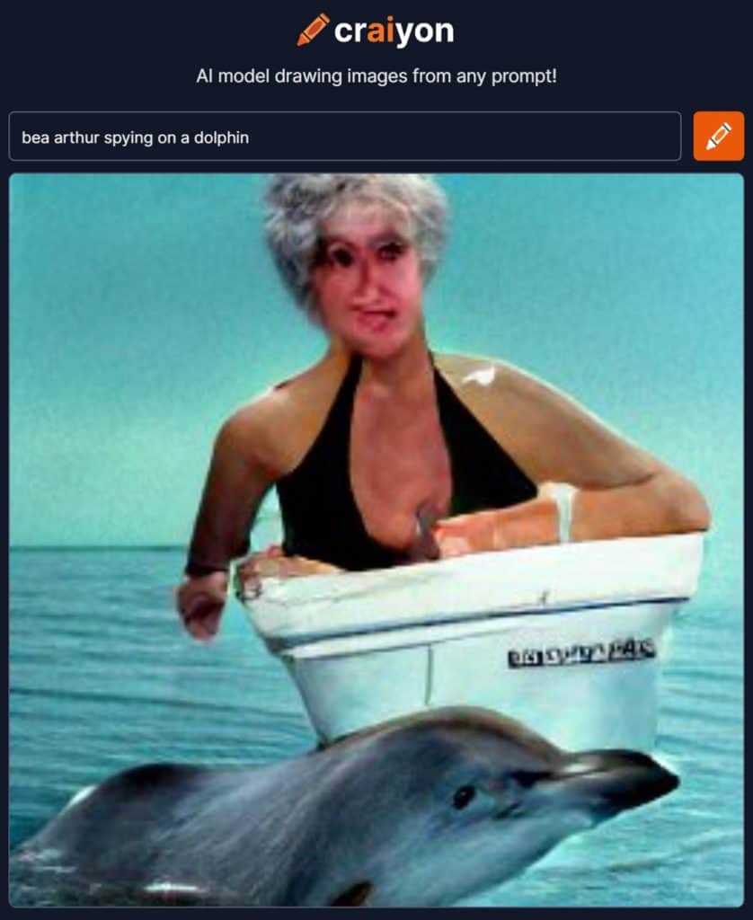 ai generated image of bea arthur spying on a dolphin