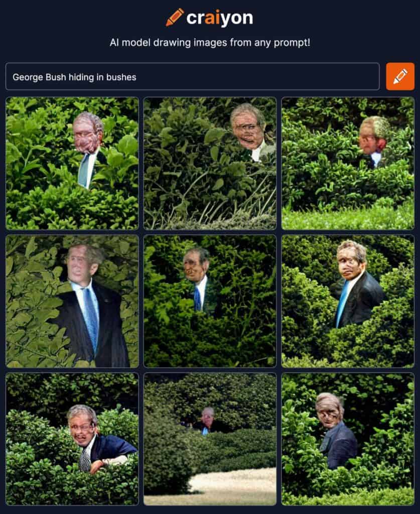 ai generated image of george bush hiding in bushes