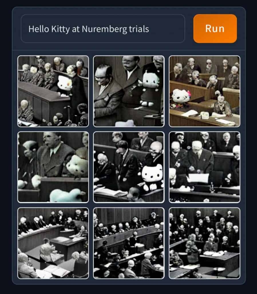 ai generated image of hello kitty at the nuremberg trials