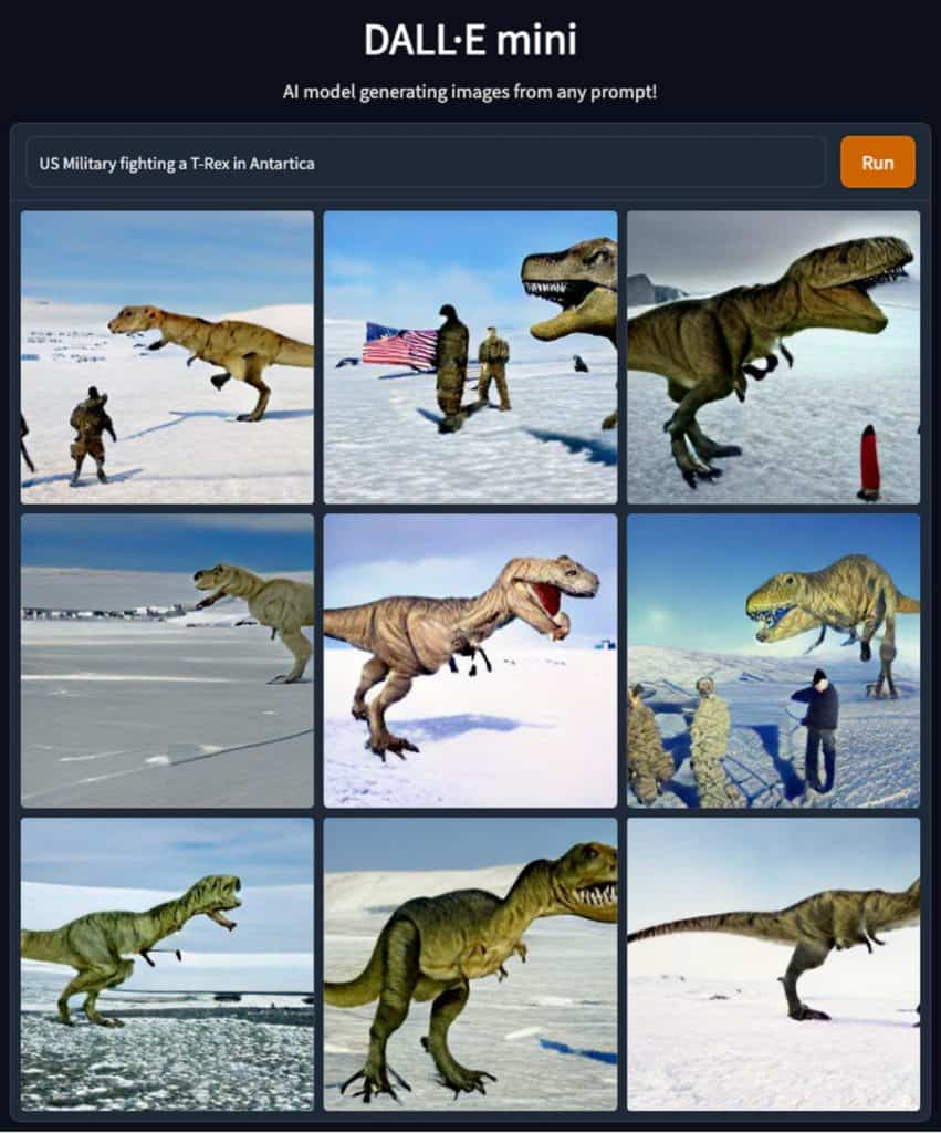 ai generated image of the U.S. military fighting a t-rex in antarctica