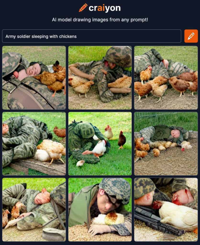 ai generated image of a soldier sleeping with chickens