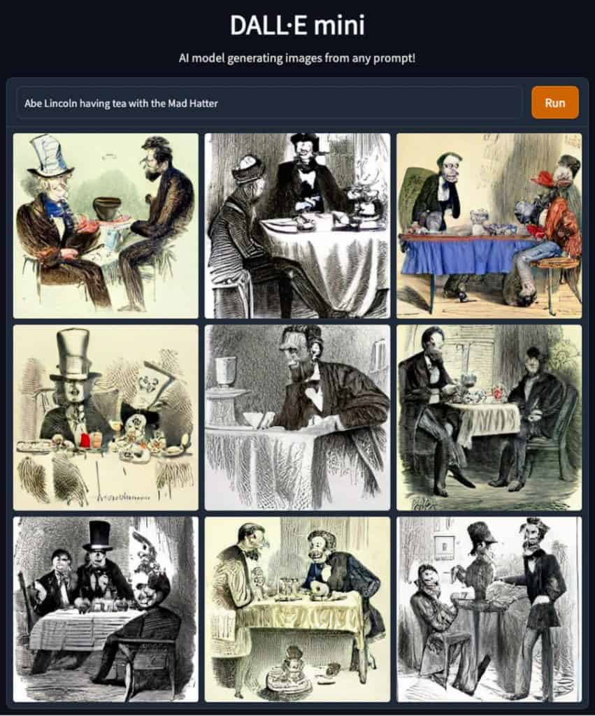 ai generated image of abe lincoln and the mad hatter