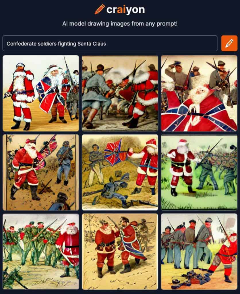 ai generated image of confederate soldiers fighting santa claus