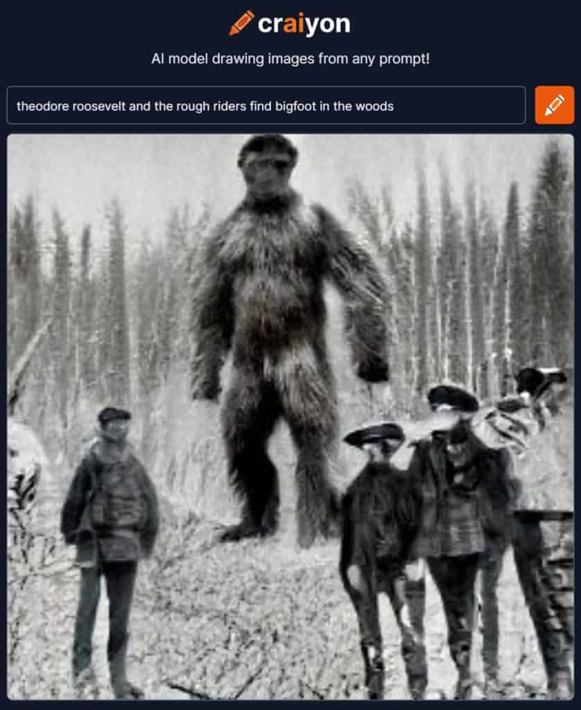 ai generated image of teddy roosevelt and the rough riders finding bigfoot in the woods