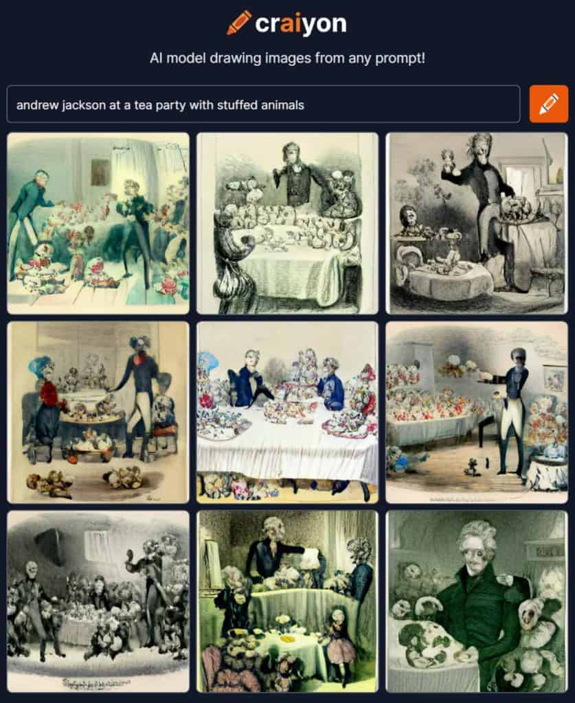 ai generated image of andrew jackson at a tea party with stuffed animals