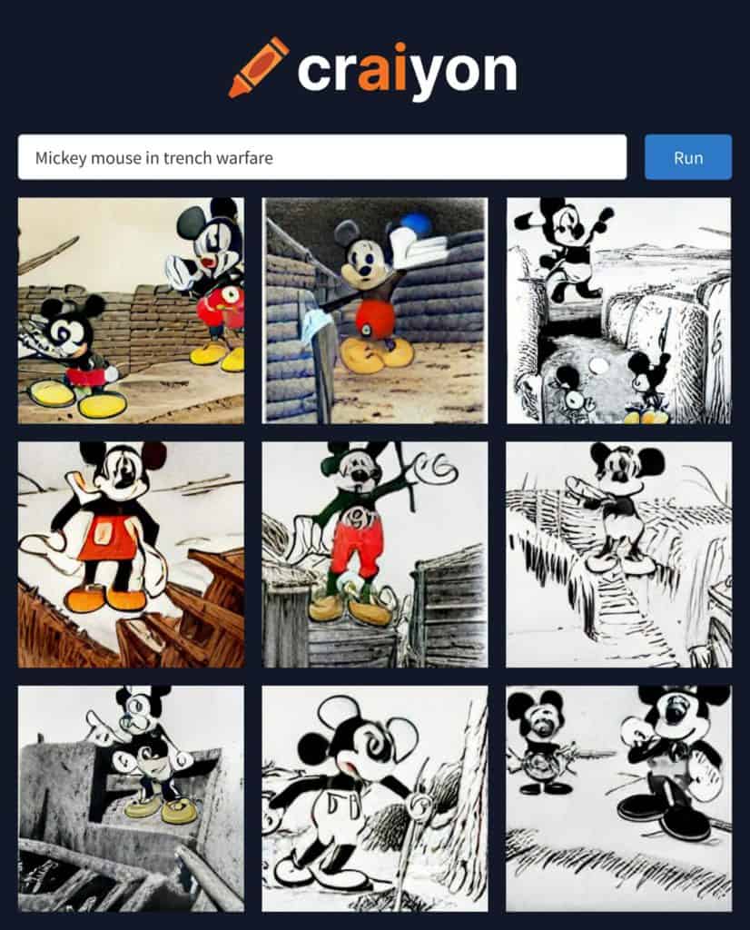 ai generated image of mickey mouse in trench warfare