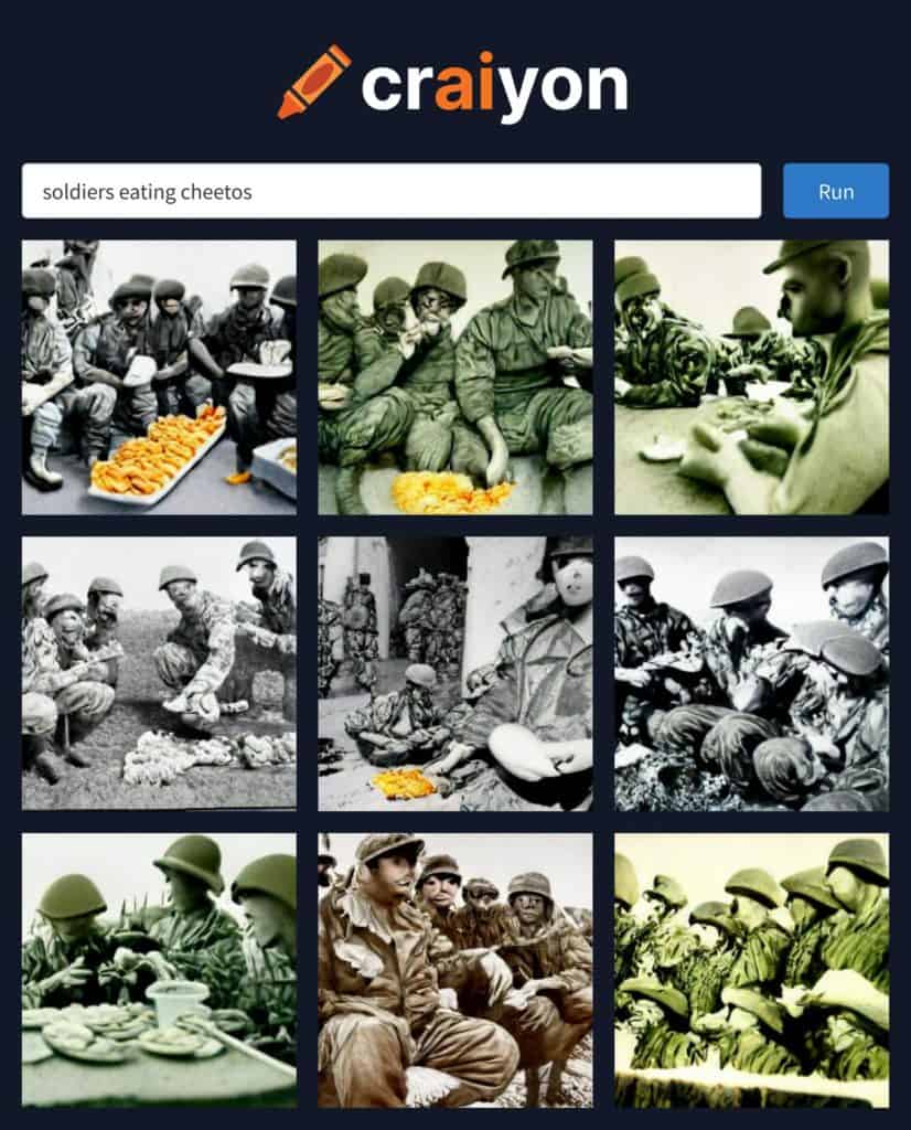 ai generated image of soldiers eating cheetos