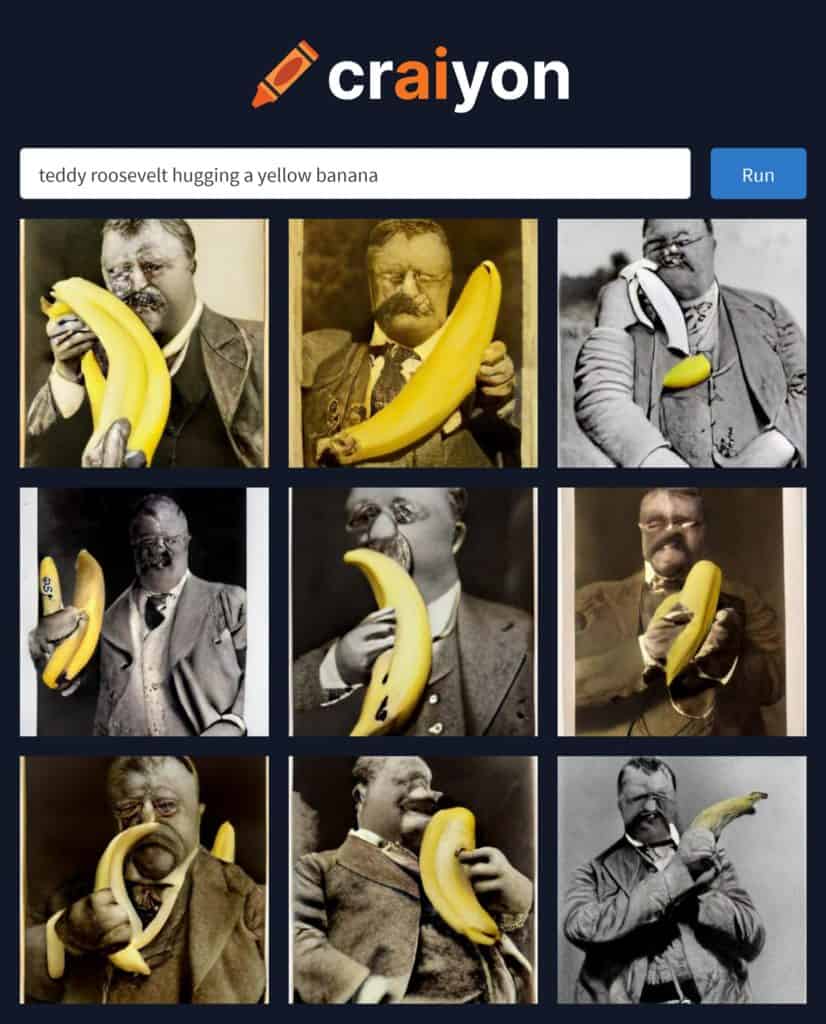 ai generated image of teddy roosevelt hugging a banana