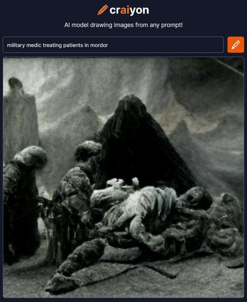 ai generated image of a military medic treating patients in mordor