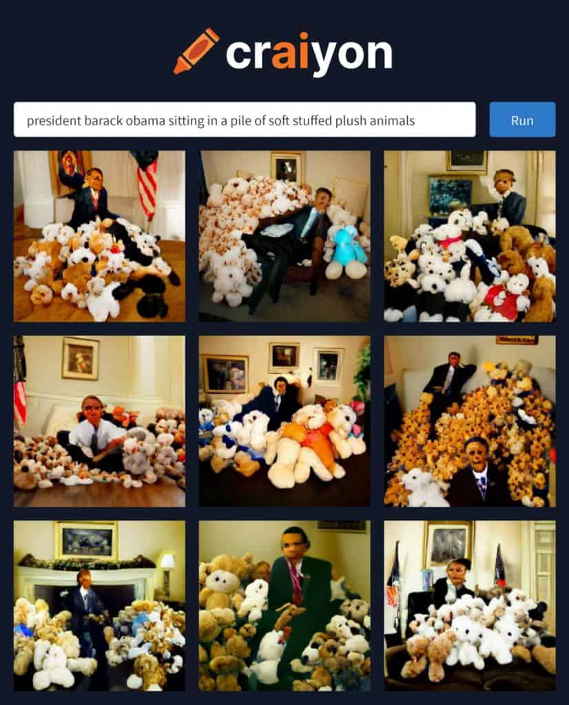 ai generated images of obama sitting in stuffed animals