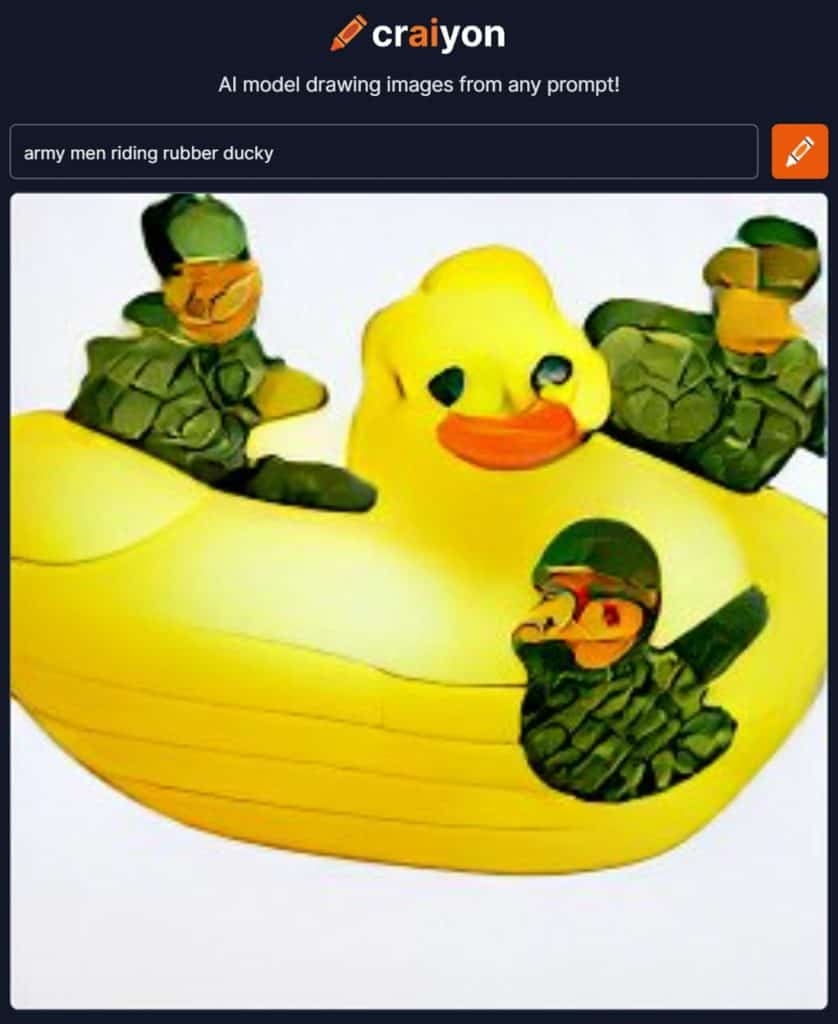 ai generated image of army men riding a rubber ducky