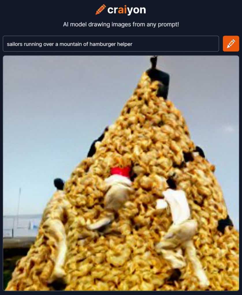 ai generated image of sailors climbing a mountain of hamburger helper