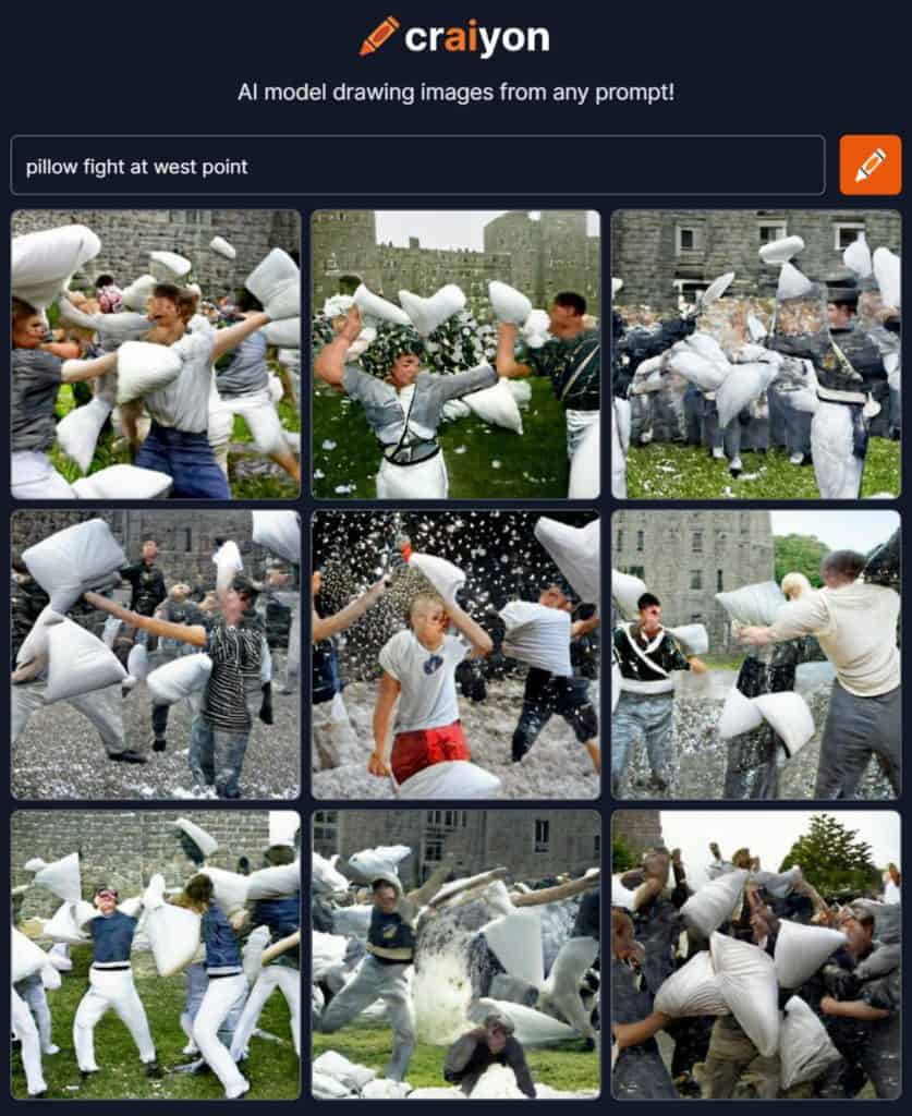 ai generated image of the west point pillow fight