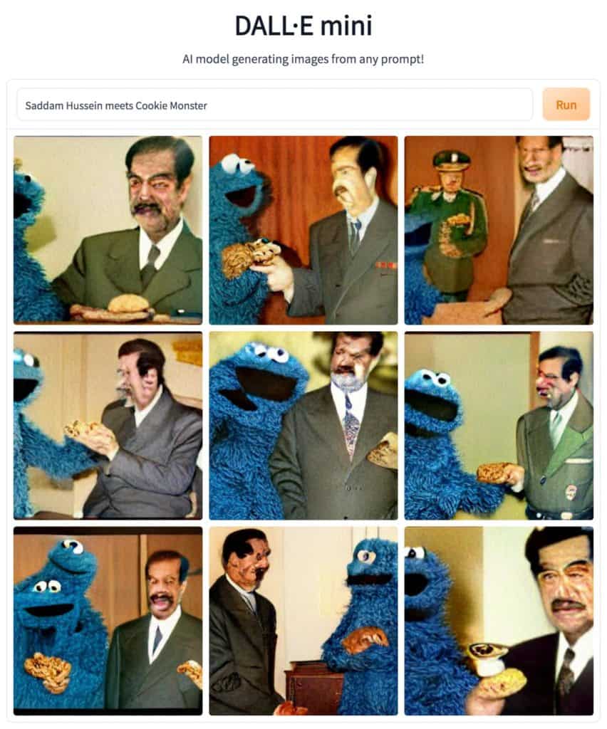 ai generated image of saddam hussein meeting cookie monster