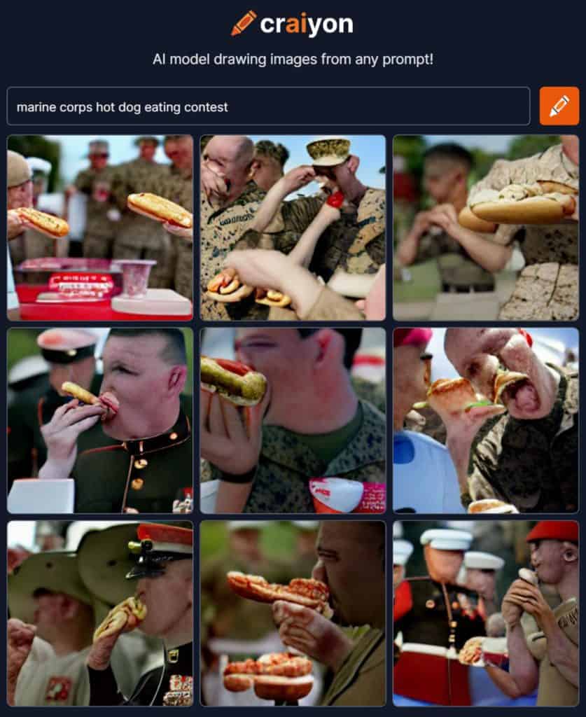 ai generated image of a marine corps hot dog eating contest