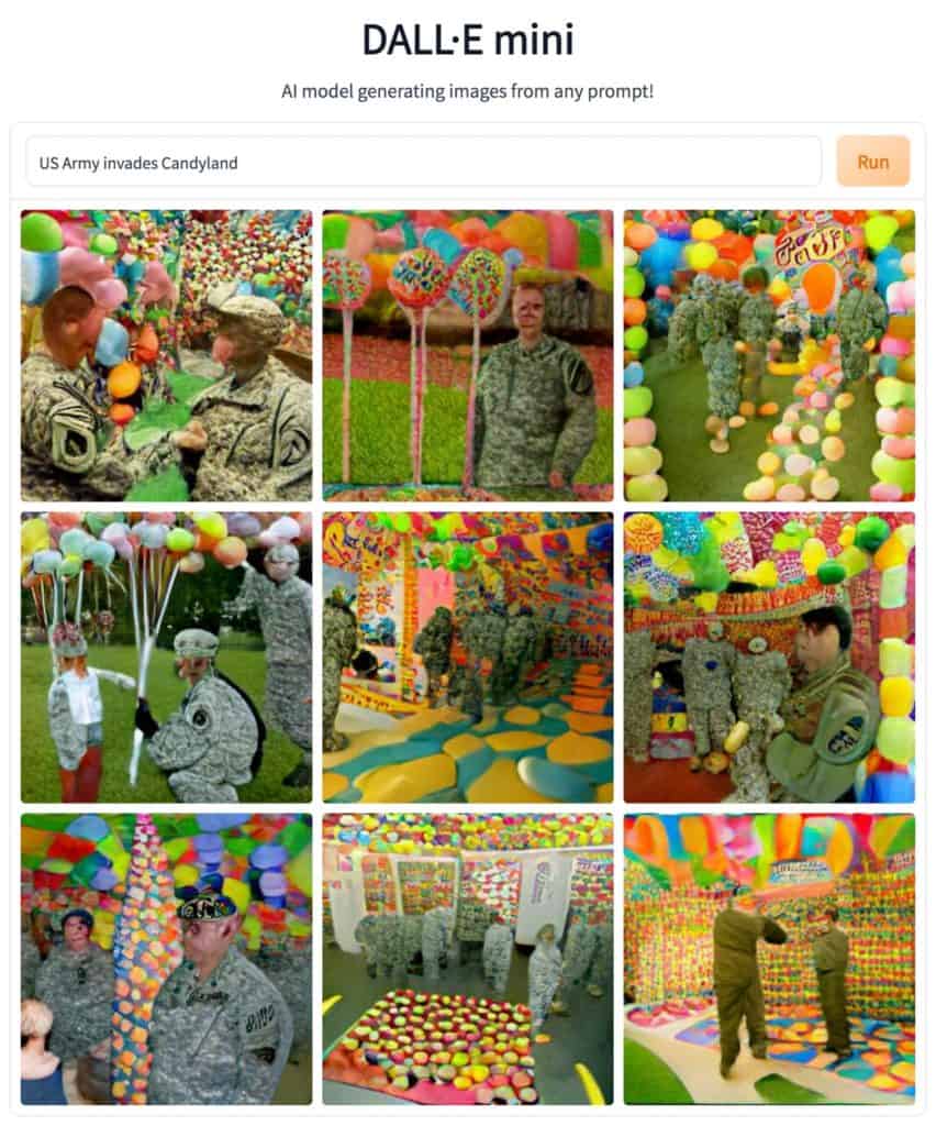 ai generated image of the U.S. army invading candyland