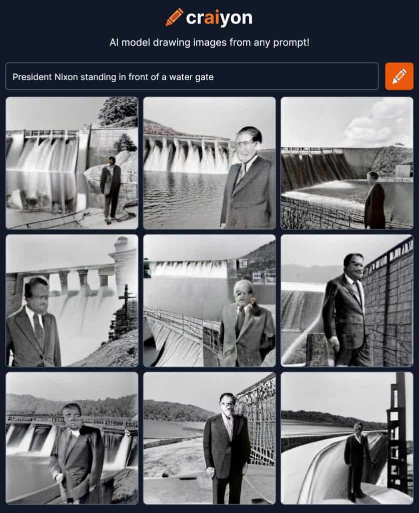 ai generated image of president nixon standing in front of a water gate