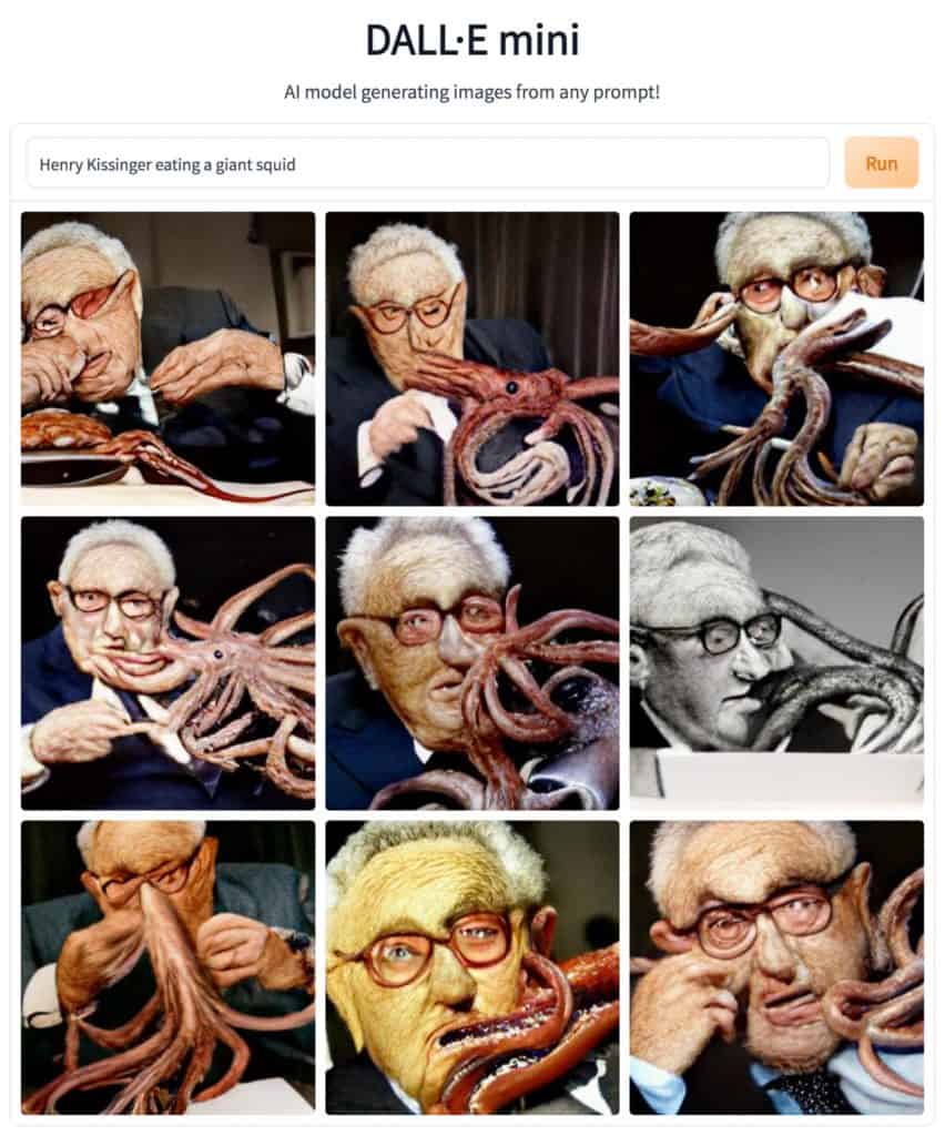 ai generated image of henry kissinger eating a giant squid