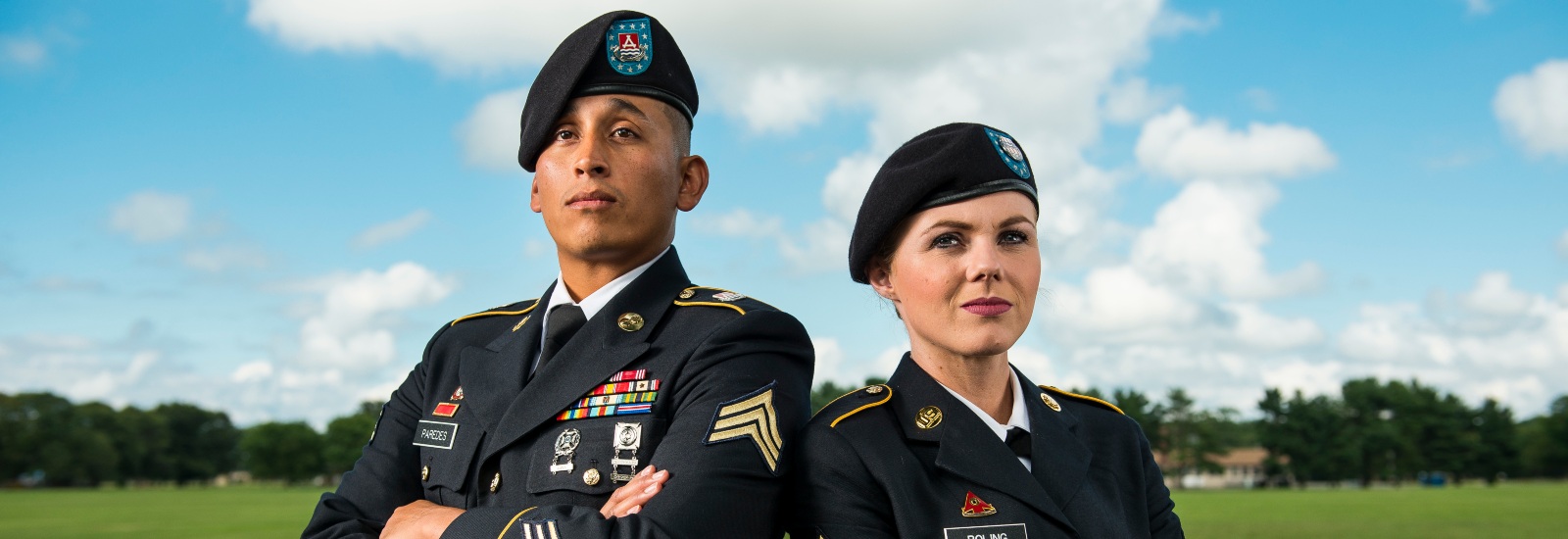 United States Uniformed Service branch members from the Army Reserve pose for a promotional photoshoot. 