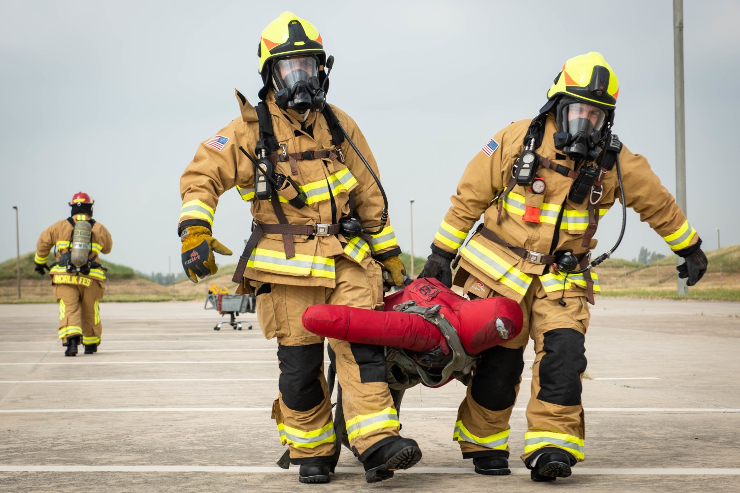 Incirlik Air Base Fire Department members respond to a simulated aircraft incident during a Major Accident Response Exercise at Incirlik Air Base, to gain experience that will help them respond to military training deaths and accidents. 