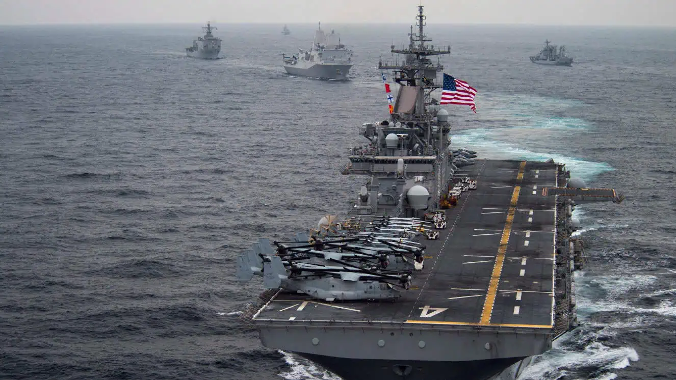 The amphibious assault ship USS Boxer (LHD 4) transits the East Sea along with other ships from the U.S. and Republic of Korea navy during a photographic exercise as part of Exercise Ssang Yong 2016, before the Trump, Kim Jong Un meeting. The exercises have recently resumed.