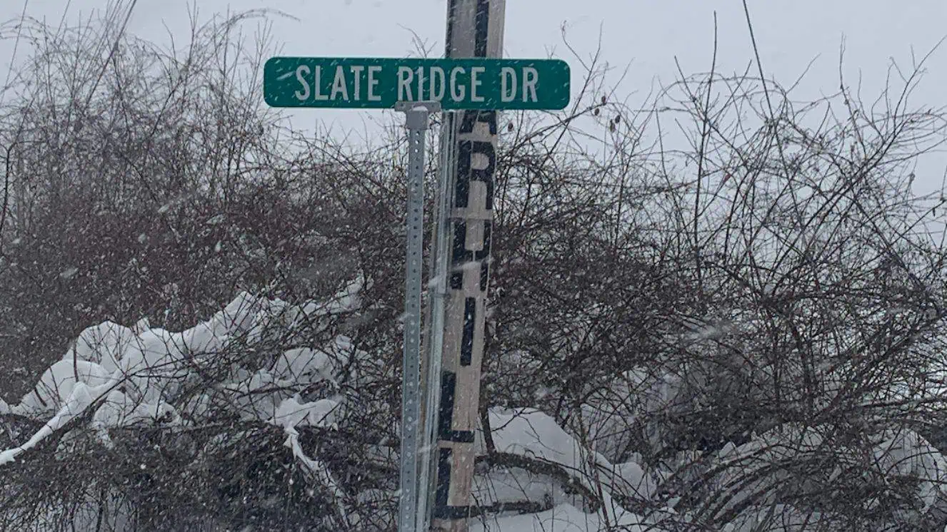 A sign leading to Slate Ridge, a paramilitary training facility where Daniel Banyai trains members in weaponry and tactics.