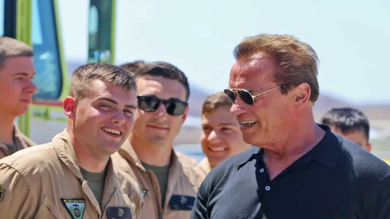 Arnold Schwarzenegger visiting the Camp Pendleton Base Theater during a screening of the movie Terminator Genisys. FUBAR is his new show now streaming on Netflix.