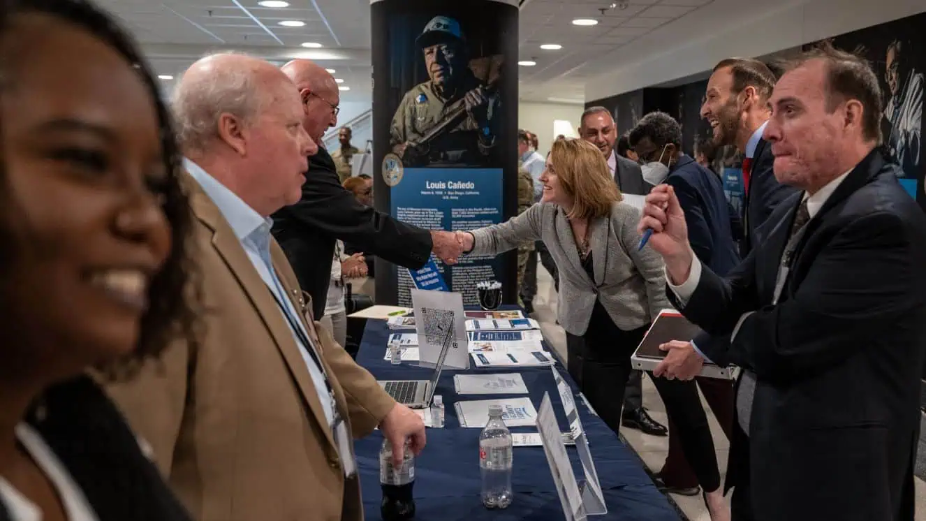 Deputy Secretary of Defense Kathleen Hicks, Veterans Affairs Deputy Secretary, Donald Remy, and Under Secretary of Defense for Personnel and Readiness Gilbert R. Cisneros Jr. visit the PACT Act and veteran benefits fair at the Pentagon, Washington, D.C., March 22, 2023. PACT Act 2023 special enrollment ends in September.