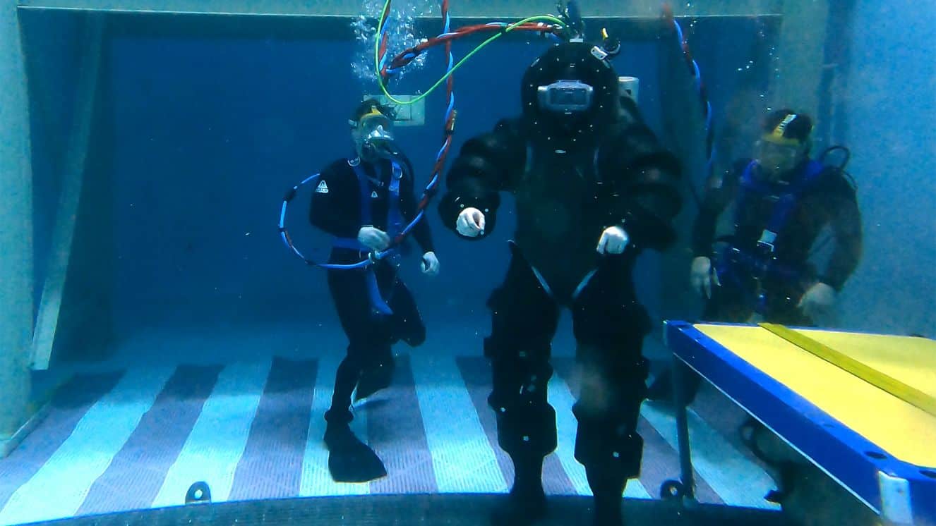 A Navy diver tests the capabilities of a new Navy Iron Man suit concept suit during the Deep Sea Expeditionary with No Decompression (DSEND) Suit In-Water Concept Demonstration held at the U.S. Navy Experimental Diving Unit, Feb. 7 – 8.