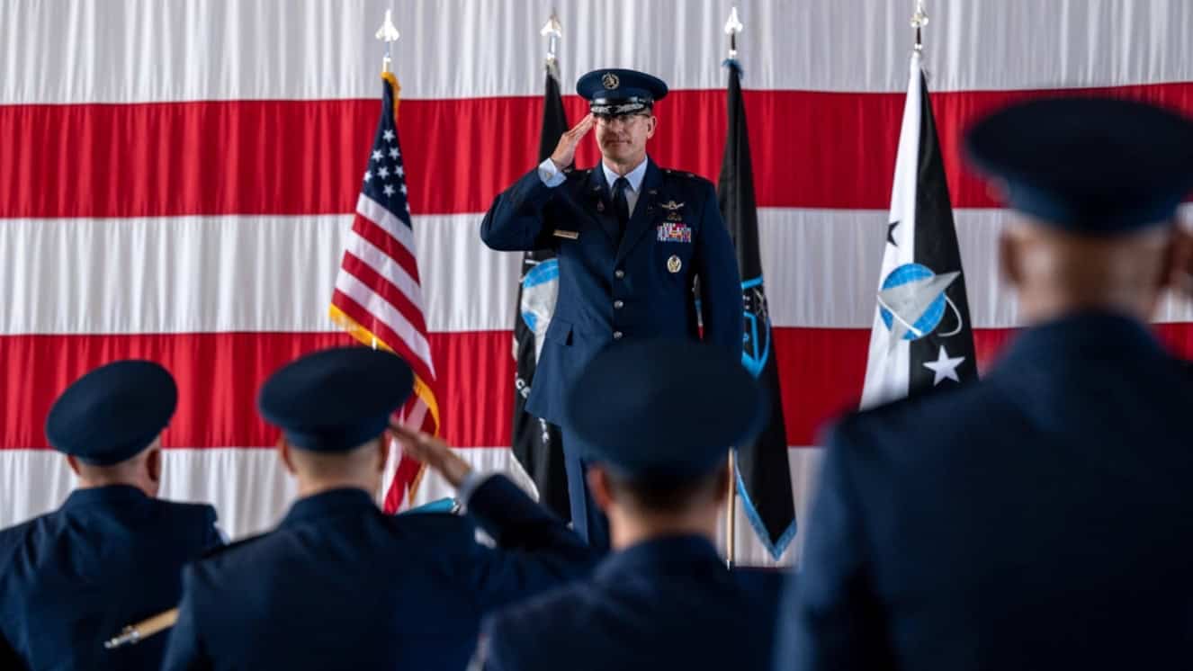 U.S. Space Force Brig. Gen. Timothy A. Sejba, Space Training and Readiness Command (STARCOM) incoming commander, renders his first salute to the Guardians of STARCOM during STARCOM’s change of command ceremony at Peterson Space Force Base.