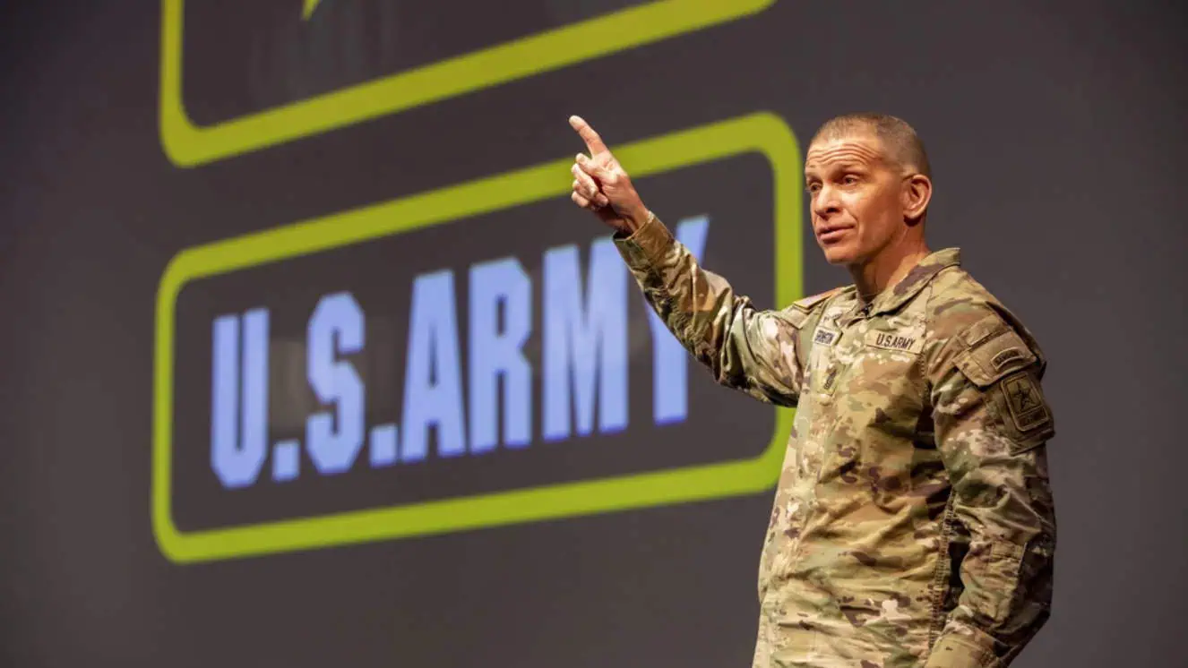 Sergeant Major of the Army Michael A. Grinston gives opening remarks in the U.S. Army People First Take Force Solarium at West Point.