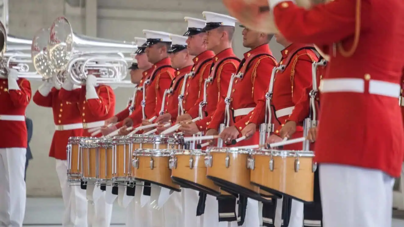 The Marine Drum and Bugle Corps preform aboard Marine Corps Air Station Beaufort, SC. March 18, 2014. The battle colors ceremony features the Marine Drum and Bugle Corps, and the Silent Drill Platoon during their east cost tour.