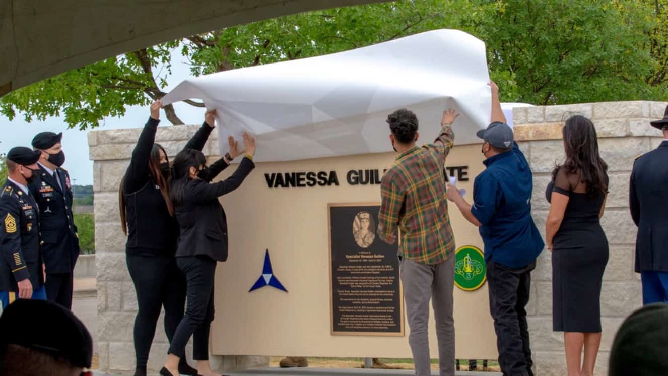 The Guillén family unveils the Spc. Vanessa Guillén gate during a ceremony at Fort Hood. Cecily Aguilar was just sentenced to 30 years for her murder.