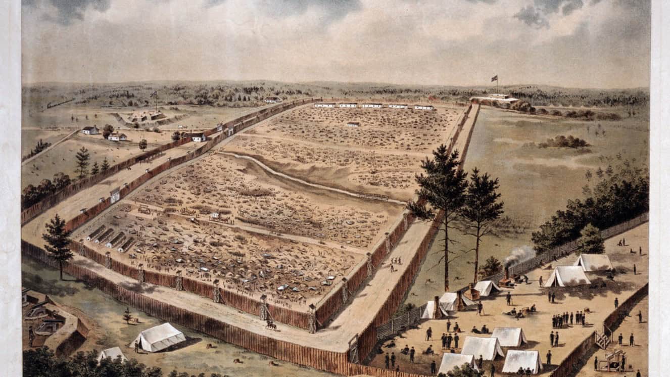 Andersonville was the largest Civil War-era POW camp. This is an illustration of a bird's-eye view of the Andersonville prison camp.