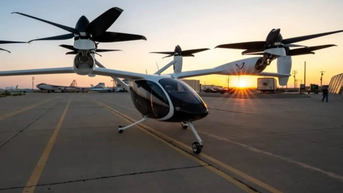 A Joby Aviation, Inc. experimental electronic vertical take-off and landing aircraft is parked at taxi way following a ground test at Edwards Air Force Base, California, Sept. 20.