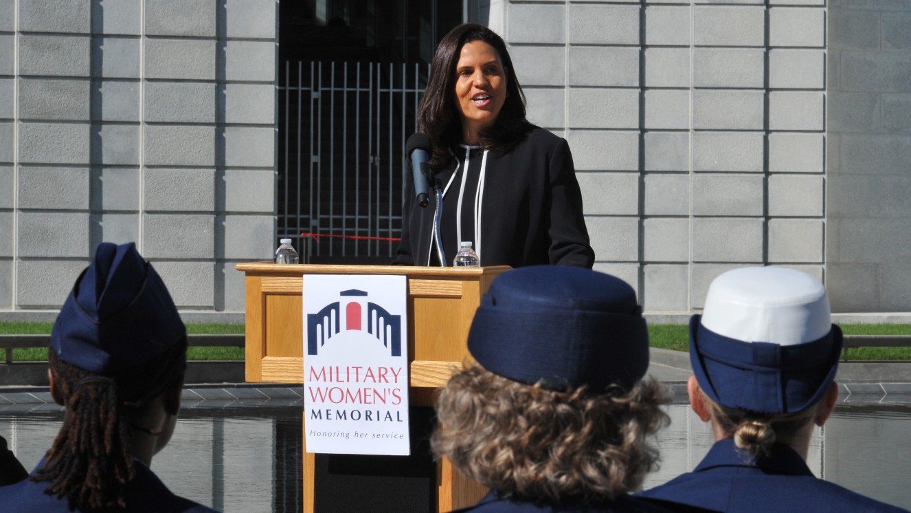 Tanya Bradsher gives a speech at the 24th Annual Women in Military Service Wreath Laying Ceremony.