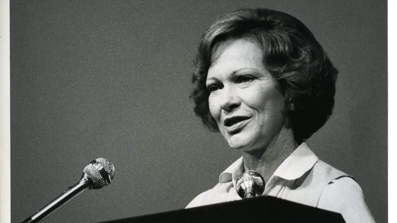 First Lady Rosalynn Carter giving a speech.