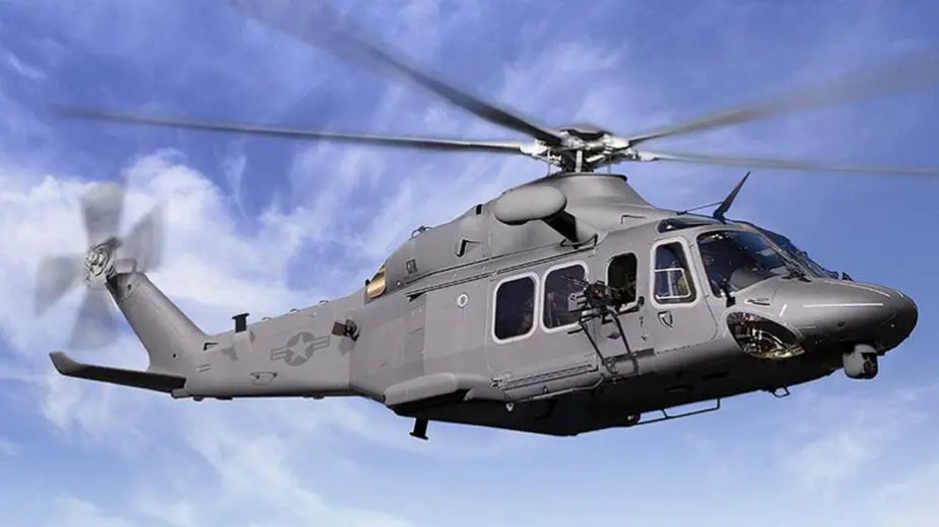 The mh-139a helicopter taking flight in the air.
