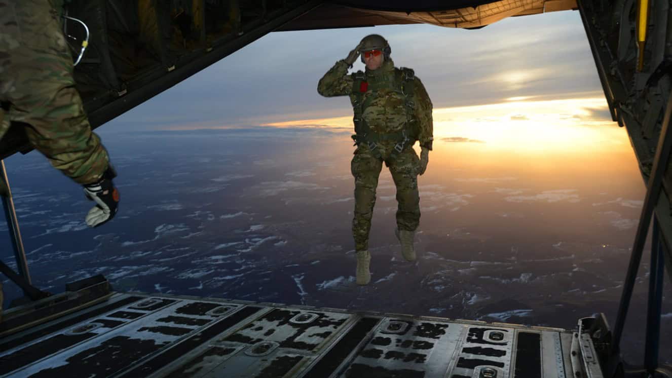 U.S. Special Operations Command Soldier jumping out of a plane.